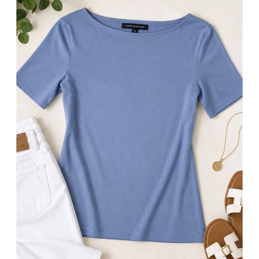 Tommy Hilfiger Top Women M Blue Boat Neck Elbow Sleeve Cotton Stretch Preppy